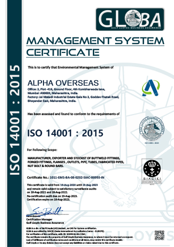 Alpha Overseas ISO 14001-2015 Certificate