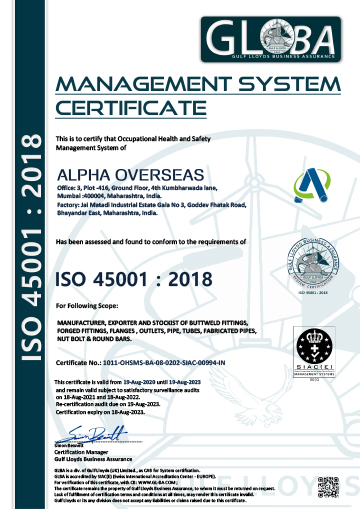 Alpha Overseas ISO 45001-2018 Certificate